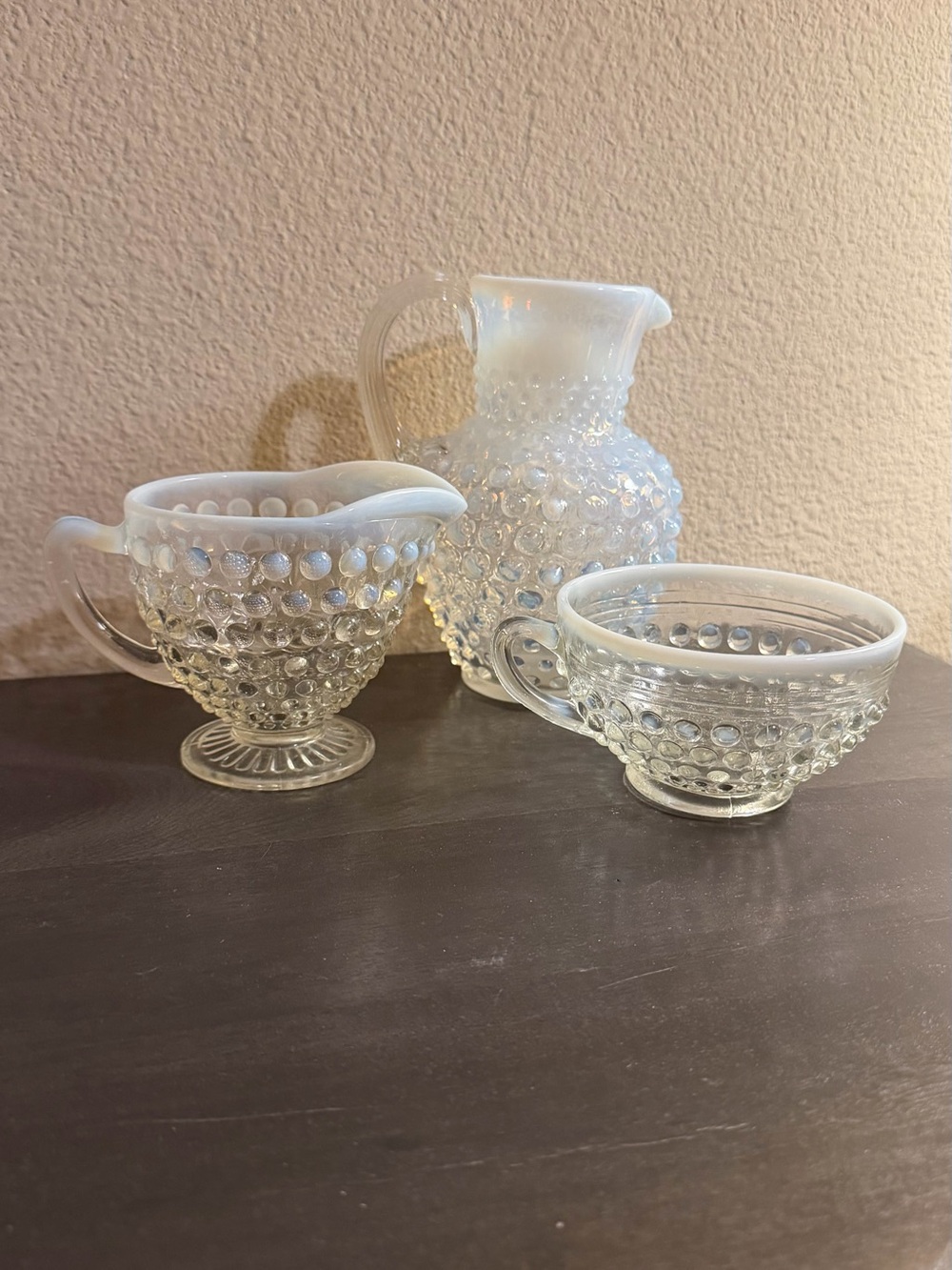 Anchor Hocking White Hobnail Glass Creamer Sugar and Mini Pitcher Set